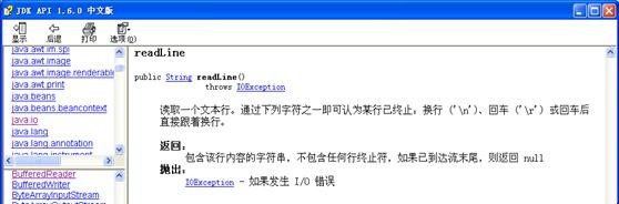 圖 1. BufferedReader 類的 readLine 方法的 JDK API 文檔