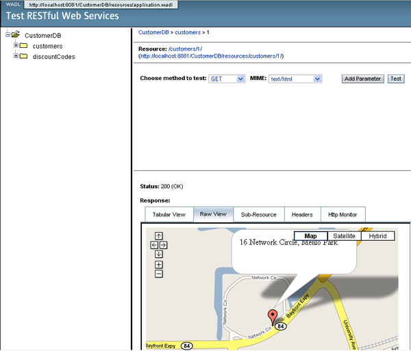 REST 風格的服務測試頁，顯示 Menlo Park 的 Google 地圖