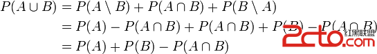 \begin{align}P(A\cup B) & =P(A\setminus B)+P(A\cap B)+P(B\setminus A)\\& =P(A)-P(A\cap B)+P(A\cap B)+P(B)-P(A\cap B)\\& =P(A)+P(B)-P(A\cap B)\end{align}