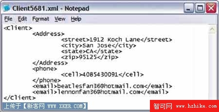 圖 1. 存儲在 CLIENTS 表中的示例 XML 文件