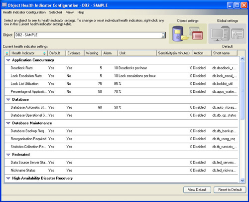 Object Health Indicator Configuration 窗口