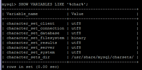 MySQL與字符集有關的應用變量，它們是：character_set_client, character_set_connection, character_set_database, character_set_filesystem, character_set_results, character_set_server, character_set_system, character_sets_dir