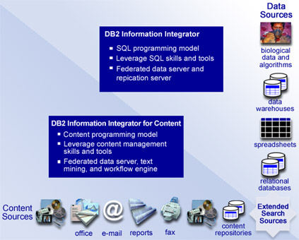 圖 1. DB2 Information Integrator 產品提供了對各種不同的分布式和實時數據的集成訪問，就象數據是來自單個數據源那樣